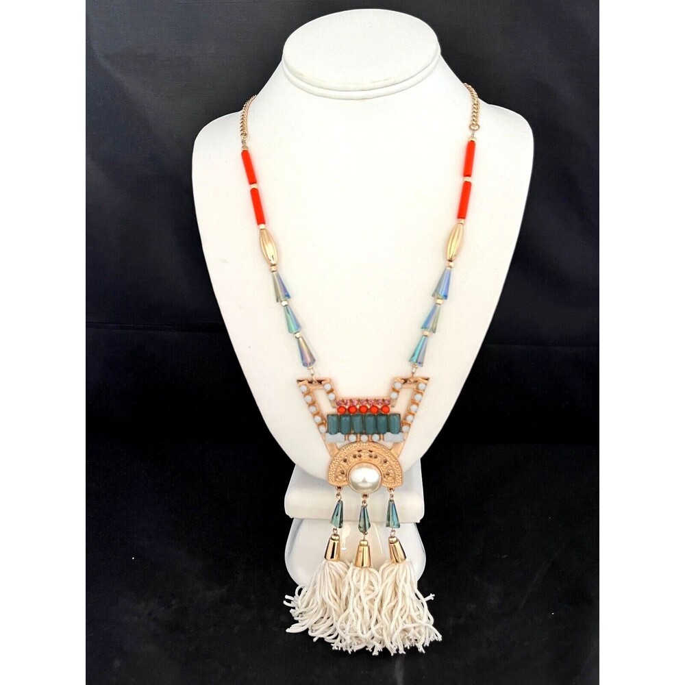 New Gold Tone Tassel Statement Necklace Orange Green Simulated Pearl Boho - 12C